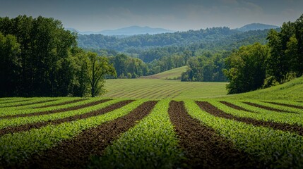 Rural farmland rows, summer landscape, hilly background.  Possible use agricultural