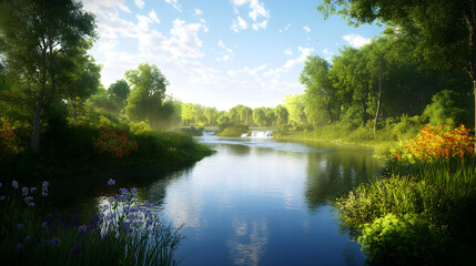 Serene Flow: Embracing Tranquility Through a Picturesque River Landscape