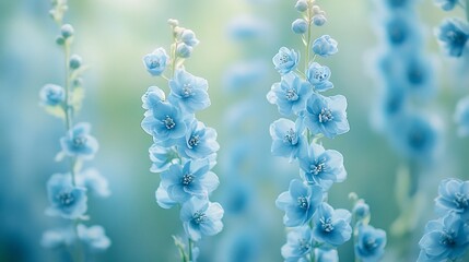 Pastel blue flowers in soft focus field background