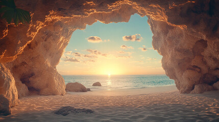 Awe-inspiring interplay of the boundless sea and enigmatic sea cave, where the ebb and flow of tides harmonize with refracted light, symbolizing the delicate equilibrium of divergent forces