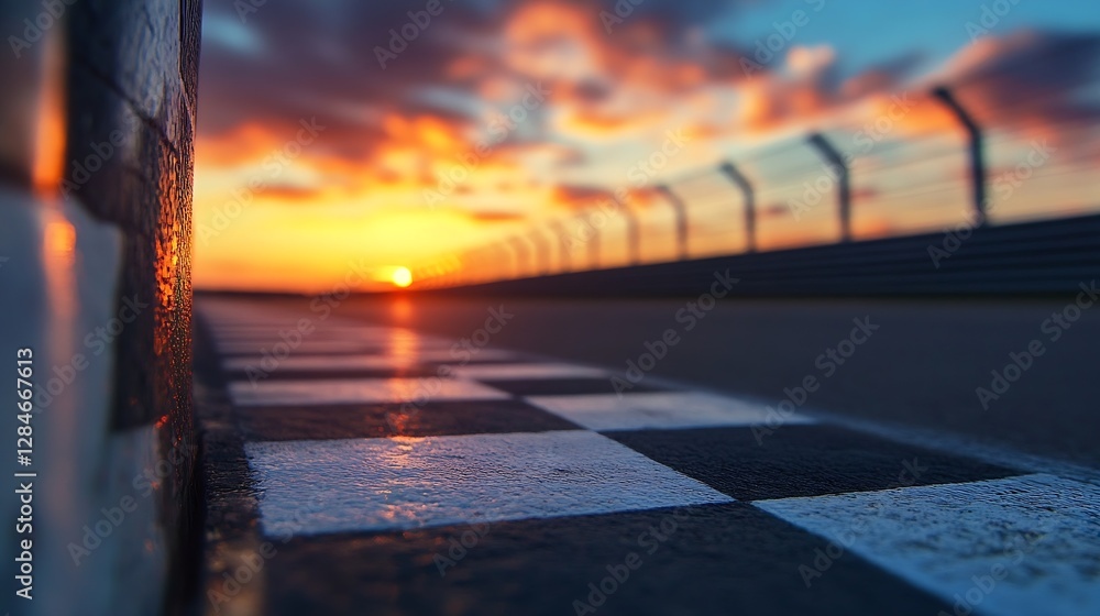 Poster racing track with checkered pattern foreground as sunset creates vibrant colors in the sky : generat