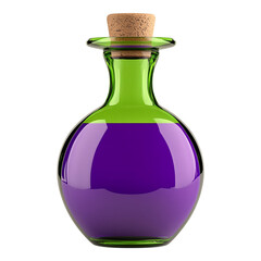 A whimsical, 3D cartoon-style illustration of a charming purple and green potion bottle with a cork stopper, beautifully isolated on a transparent background, perfect for magical themes.