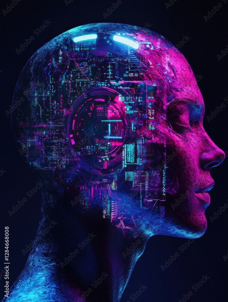Poster Futuristic cybernetic head with glowing eye and mechanical structures highlighting advanced technology and artistry. Generative AI
