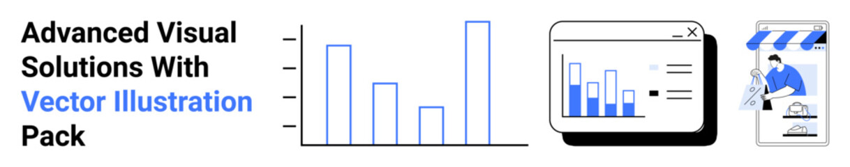Bar chart analysis, dashboard interface, and storefront scene illustrating analytics, marketing, and commerce. Ideal for technology, data, retail, ecommerce strategy growth flat landing page