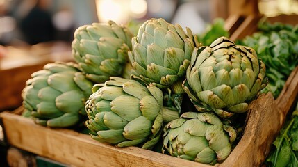 Obraz premium Fresh artichokes stacked in a wooden crate, perfect for vibrant culinary visuals.