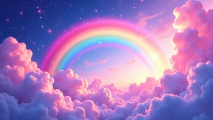Holographic fantasy rainbow background with clouds and stars. Pastel color sky. Magical landscape, abstract fabulous pattern. Cute candy wallpaper