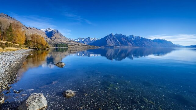 Breathtaking clear lake surrounded by majestic mountains and vibrant flora highlights nature's pristine beauty : Generative AI
