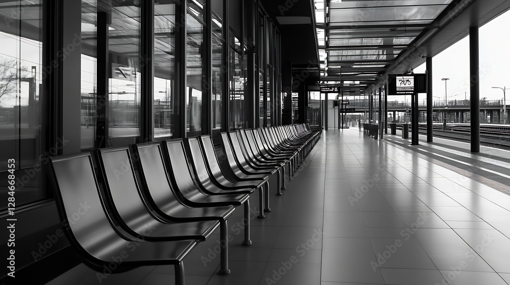Aufkleber Modern train station interior with empty seats and high ceilings reflecting urban architecture design in black and white : Generative AI