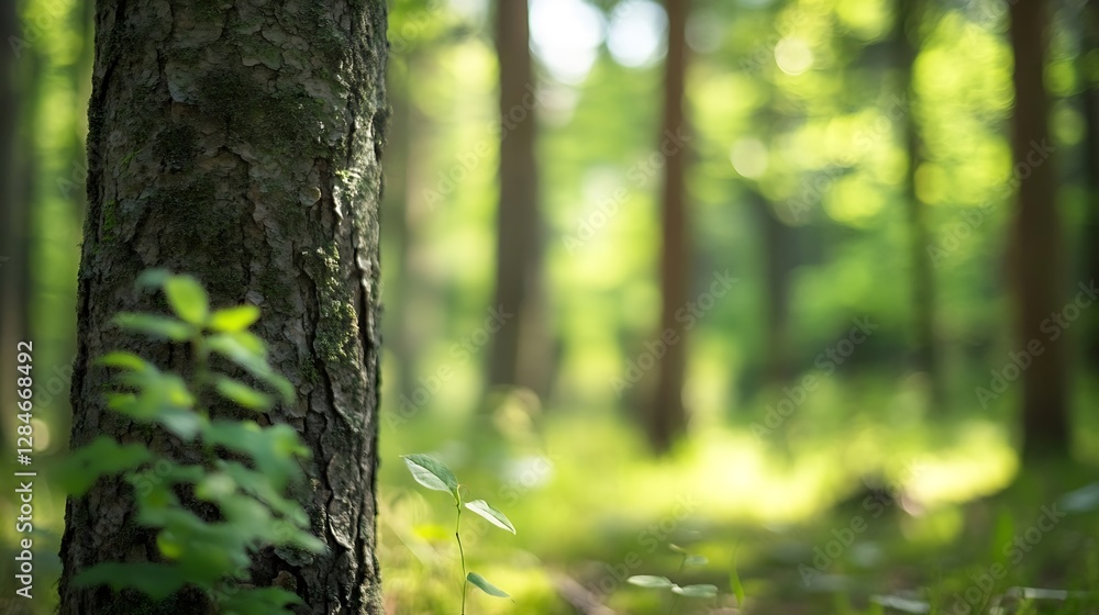 Aufkleber Majestic tree trunk in a lush green forest with soft sunlight filtering through the leaves : Generative AI