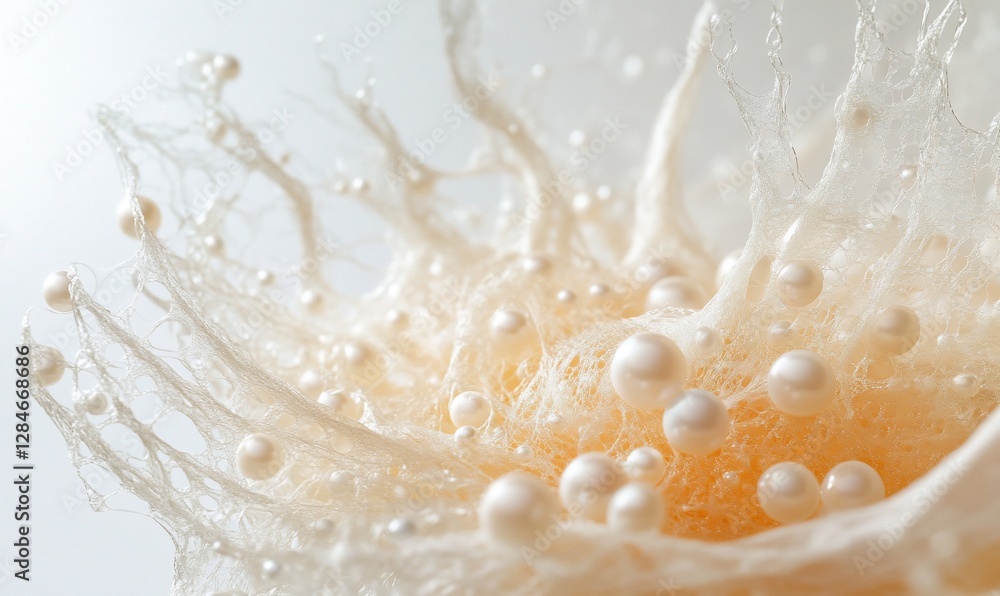 Poster pearls exploding in delicate netting, soft background, jewelry design