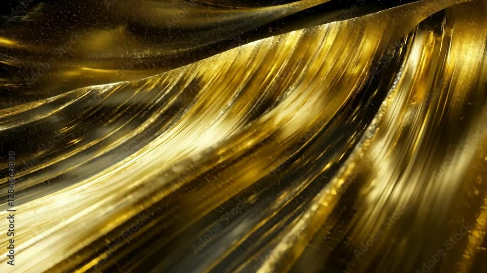 Aufkleber fluid motion of shimmering gold waves under soft light creates a mesmerizing visual effect in a dark