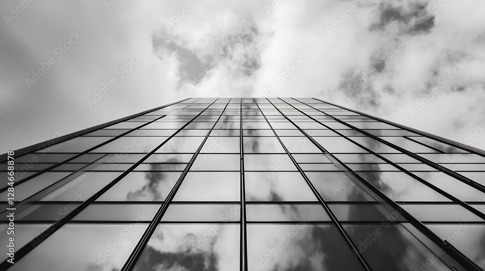 Aufkleber high angle view of a modern building's glass facade reflecting a cloudy sky and urban scenery : gene
