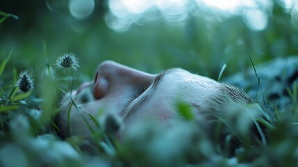 CloseUp of a Young Man Relaxing on the Grass with a Tranquil Expression : Generative AI