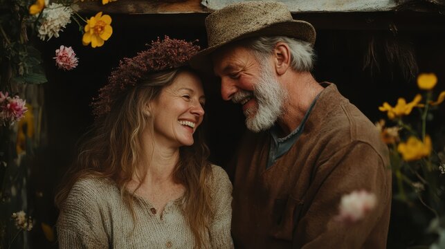 Senior couple in vintage outfits smiling outdoors, timeless love, romantic old-fashioned moment, joyful connection.