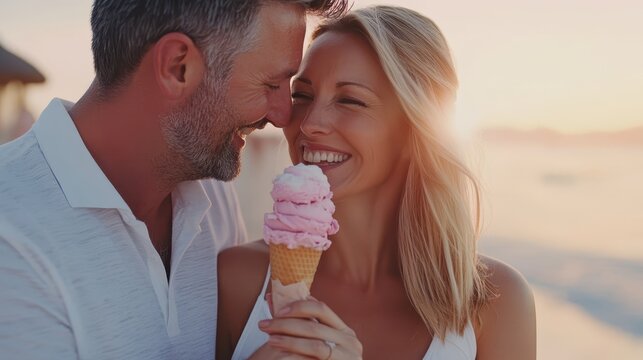 Elderly couple sharing ice cream under warm sunlight, romantic and joyful, sweet love, summer happiness.
