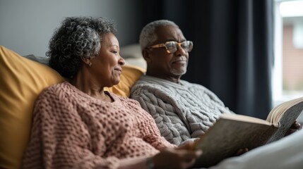 Fototapeta premium Older couple sitting together reading in cozy home, warm lighting, peaceful bonding moment, happy companionship.