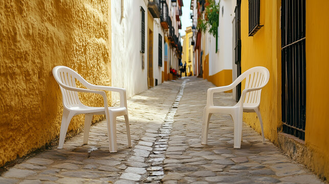 Una foto de dos sillas de pl&aacute;stico blancas colocadas en el patio de una calle t&iacute;pica de Espa&ntilde;a