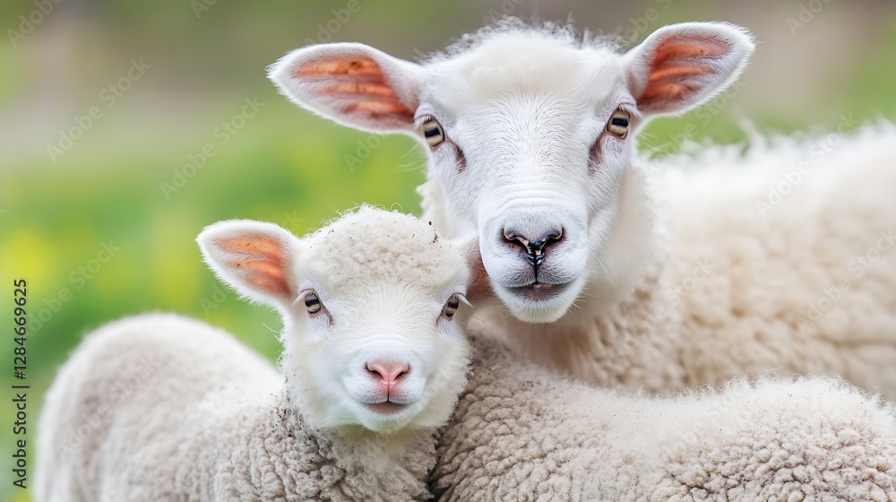 Poster affectionate sheep family with an adorable lamb in a green field : generative ai