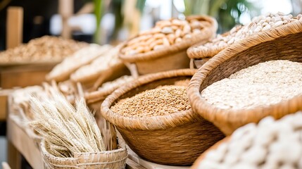 Obraz premium Rich assortment of grains and cereals displayed in woven baskets showcasing organic produce : Generative AI