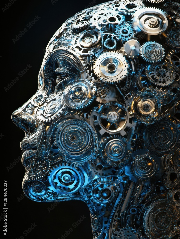Aufkleber Interlocking gears fill human head contour, symbolizing artificial intelligence and complex thought processes in technology. Generative AI