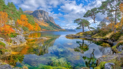 Autumn Lake Reflection, Mountains, Trees. Calm water, scenic view. Possible use Stock photo for travel brochure