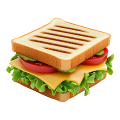 A whimsical and vibrant 3D cartoon illustration of a delicious sandwich featuring layers of fresh lettuce, juicy tomato, and creamy cheese, artistically presented against a transparent background.