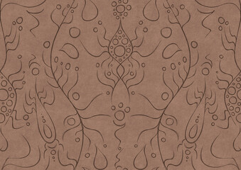 Obraz premium Hand-drawn unique abstract symmetrical seamless ornament. Brown on a light brown background. Paper texture. Digital artwork, A4. (pattern: p13-1a)