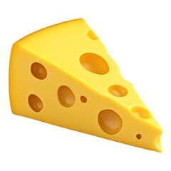 A playful, cartoon-style 3D illustration of a bright yellow slice of cheese, vividly isolated against a pure white background, showcasing its delightful texture and shapes.