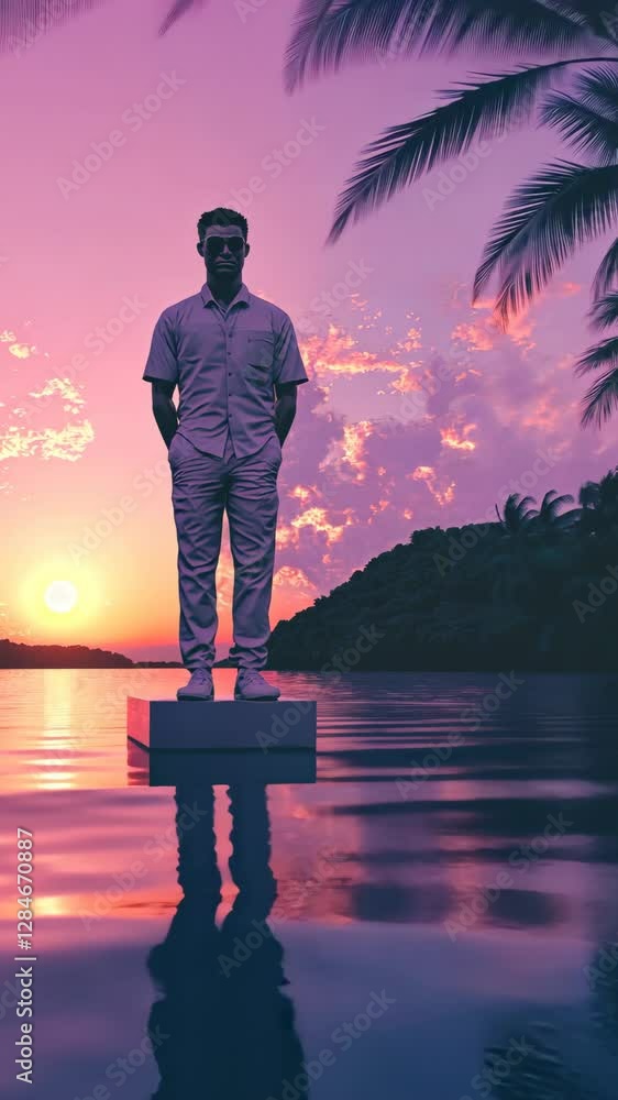 Aufkleber man standing on a platform in water during vibrant sunset with palm trees surrounding the view