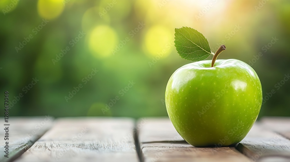 Poster fresh green apple with a leaf sits on a wooden table with sunlit background enhancing its natural ap