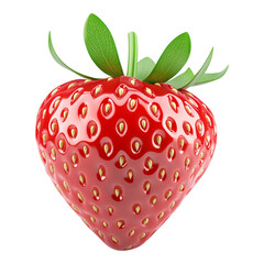 A vibrant and glossy red cartoon-style strawberry adorned with a lush green leaf, isolated against a transparent background, showcasing its playful and delightful character.