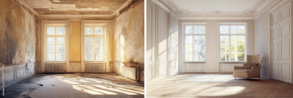 Poster transformation of a run down apartment to a bright and modern living space with elegant design. gene