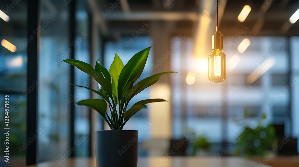 Poster indoor plant on a table illuminated by pendant light creating a serene atmosphere : generative ai