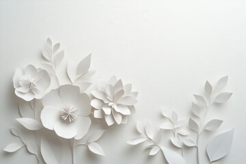 Elegant white paper flowers and leaves crafted on a textured background, showcasing delicate artistry and minimalist design.