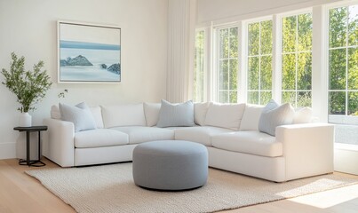 Modern minimalist scandinavian living room features white sectional sofa and gray ottoman
