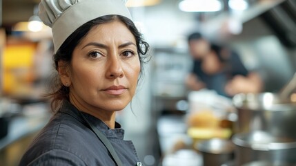 A focused Hispanic woman in her thirties works in a bustling kitchen, showcasing dedication and professionalism in a culinary environment.