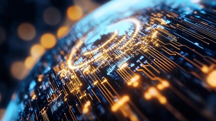 Futuristic digital globe with intricate circuit patterns and glowing lights representing technology and connectivity : Generative AI