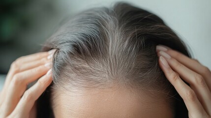 Fototapeta premium Hair loss displayed in a person brushing their thinning hair in a minimalist bedroom. Featuring care and nourishment
