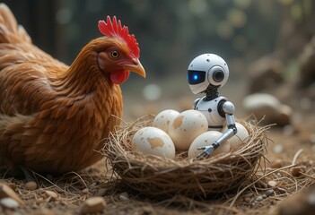 Robot interacts with hen and eggs in a natural setting