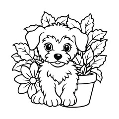 Whimsical Dog in a Flower Pot – Detailed Coloring Book Illustration
