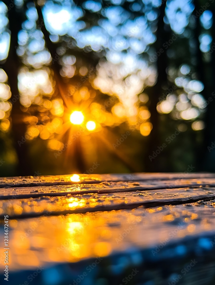 Leinwandbilder beautiful bokeh effect of sunset glimmering through trees in nature : generative ai