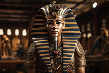 Majestic Pharaoh of Ancient Egypt with Royal Attire, Golden Crown, Hieroglyphs, and Pyramids of Giza in the Background, Symbolizing Power, Mystery, and Ancient Civilization. History book. 