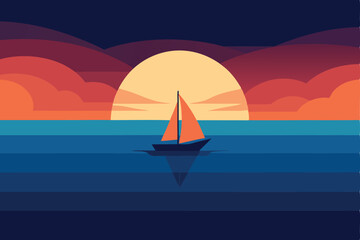 Naklejka premium Calm Sea and Stunning Sunset with Sailboat Silhouette