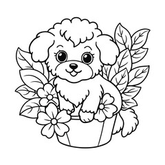 Whimsical Dog in a Flower Pot – Detailed Coloring Book Illustration

