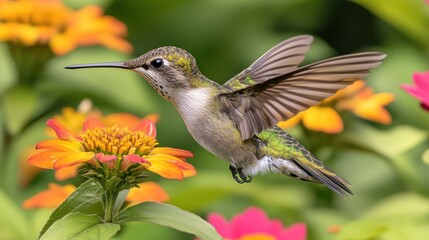 Fototapeta premium Hummingbird hovering, garden flowers, nature, wildlife, photography