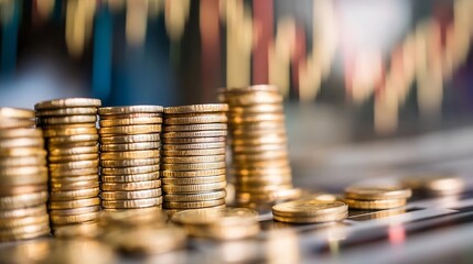 Close Up View of Stacked Gold Coins Representing Wealth and Investment : Generative AI