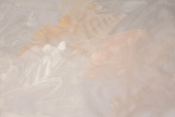 Metallic Ink watercolor grain pour blot on beige empty paper blank texture background. Silver, nacre, gold, beige neutral tone.
