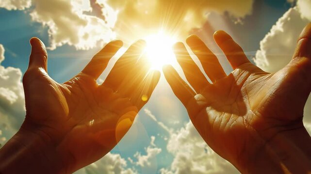 Hands to heaven, person with hand up looking at the skies	
