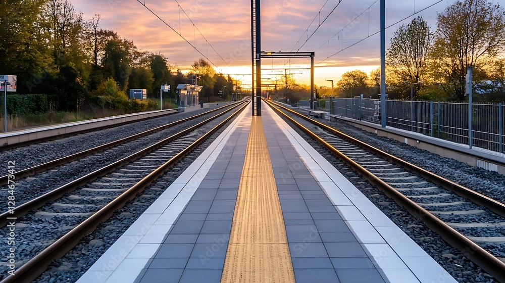 Poster Modern train station platform highlighted by golden sunset rays and empty tracks creating a serene atmosphere : Generative AI