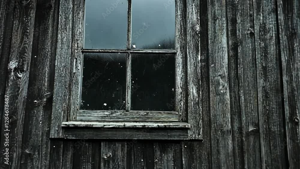 Poster rustic wooden cabin window with reflections and texture in black and white setting